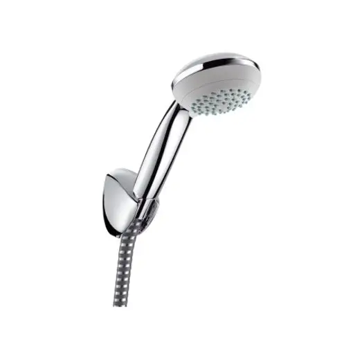 Handbrause mit glänzendem Chromfinish und doppelten Gummi-Düsen zur einfachen Reinigung, montiert an einer flexiblen Schlauchleitung.